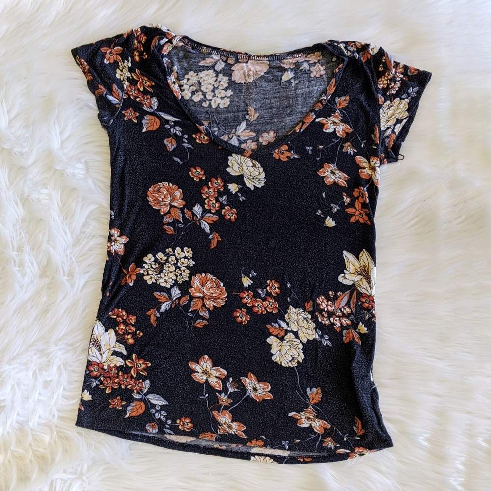 Navy Floral V neck Top